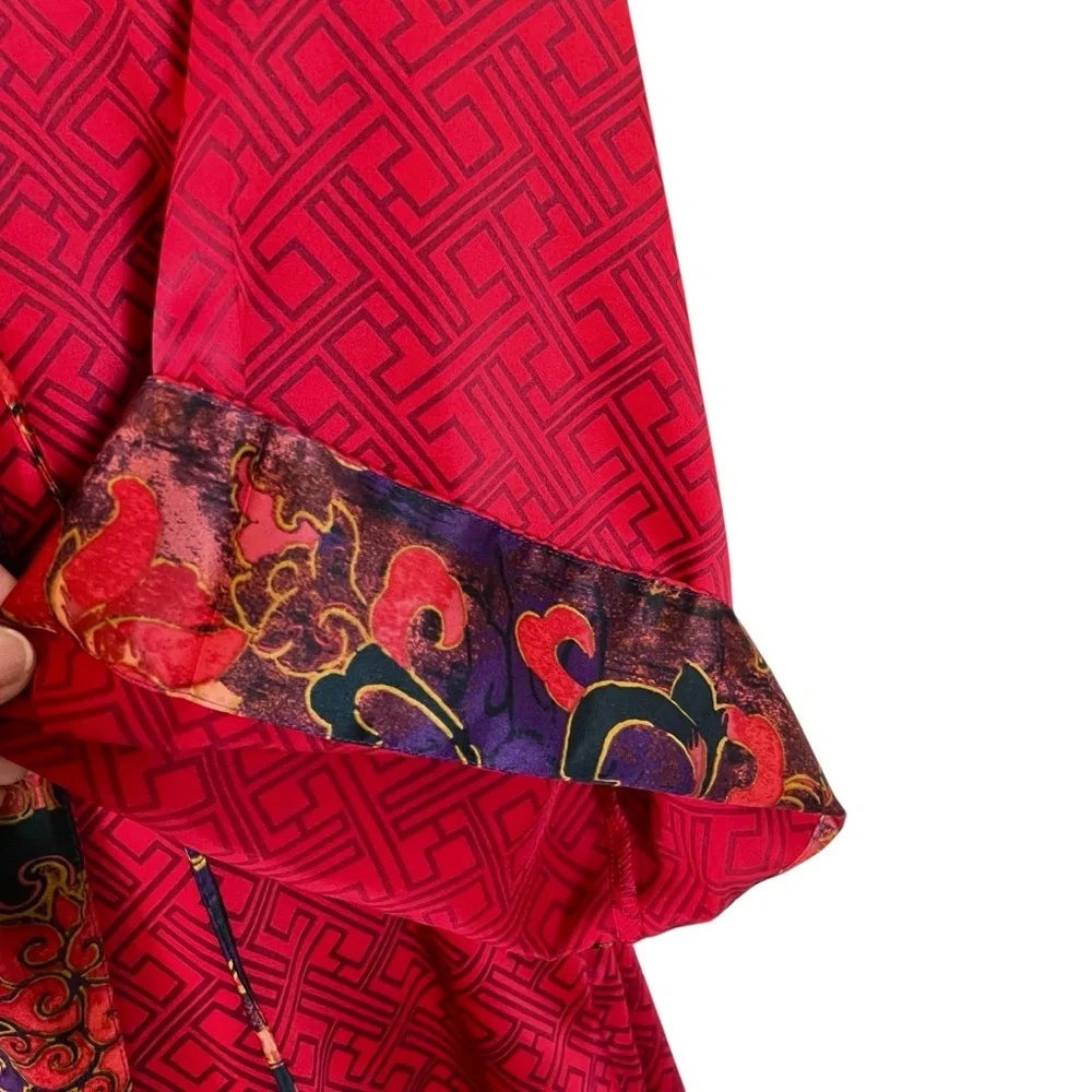 Natori Belted Satin Kimono Robe Womens M Dark Red Floral Accent Greek Key Print